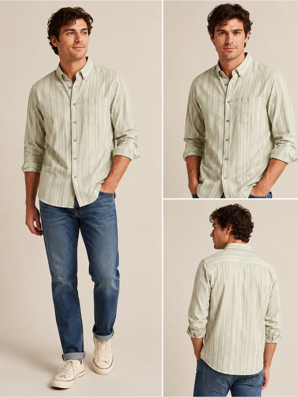 L. Bean Sage Green White Striped Button Down Shirt Men’s Large Cotton Coastal